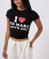 Nakış Detay Baskılı Crop T-Shirt