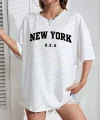 New York Baskılı Oversize Bisiklet Yaka T-shirt - Beyaz