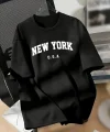 New York Baskılı Oversize Bisiklet Yaka T-shirt - Siyah