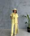OMUZ MİDYE SIRALI BLUZ - PAÇA PENSLİ PANTOLON TAKIM - Sarı
