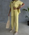 OMUZ MİDYE SIRALI BLUZ - PAÇA PENSLİ PANTOLON TAKIM - Sarı