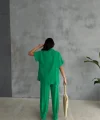 OMUZ MİDYE SIRALI BLUZ - PAÇA PENSLİ PANTOLON TAKIM - Yeşil