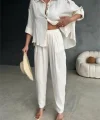 OMUZ SAÇAK DENİZ KABUĞU GÖMLEK - PANTOLON TAKIM - Ekru