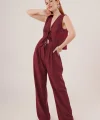 Ön Bağlama Detaylı Yelek Ve Pantolon Bordo İkili Takım