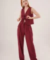 Ön Bağlama Detaylı Yelek Ve Pantolon Bordo İkili Takım