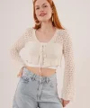 Ön Bağlamalı Ajurlu Crop Krem Hırka