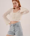 Ön Bağlamalı Ajurlu Crop Krem Hırka