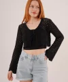 Ön Bağlamalı Ajurlu Crop Siyah Hırka