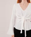 Ön Bağlamalı Volan Kol Beyaz Bluz