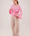 Ön Bağlamalı Volan Kol Pembe Bluz