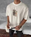 Ön ve Arka Baskılı Oversize Bisiklet Yaka T-shirt - Beyaz