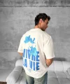 Ön ve Arka Baskılı Oversize Bisiklet Yaka T-shirt- Beyaz