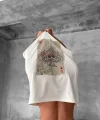 Ön ve Arka Baskılı Oversize Bisiklet Yaka T-shirt - Beyaz