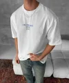 Ön ve Arka Baskılı Oversize Bisiklet Yaka T-shirt- Beyaz