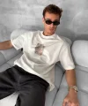 Ön ve Arka Baskılı Oversize Bisiklet Yaka T-shirt - Beyaz