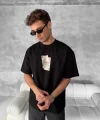 Ön ve Arka Baskılı Oversize Bisiklet Yaka T-shirt - Siyah