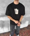 Ön ve Arka Baskılı Oversize Bisiklet Yaka T-shirt - Siyah
