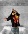 Ön ve Arka Baskılı Oversize Bisiklet Yaka T-shirt- Siyah