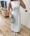 Önden Fermuar detaylı Kolsuz Uzun Elbise - Beyaz