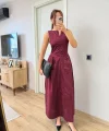 Önden Fermuar detaylı Kolsuz Uzun Elbise - Bordo