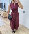 Önden Fermuar detaylı Kolsuz Uzun Elbise - Bordo