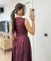 Önden Fermuar detaylı Kolsuz Uzun Elbise - Bordo