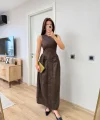 Önden Fermuar Detaylı Kolsuz Uzun Elbise - Kahve