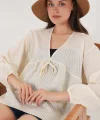 Önü Bağcıklı Uzun Kol Bluz 946 - Krem