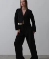 Önü Bağlamalı Crop Takım - Siyah