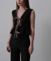 Önü Bağlamalı Volanlı Örme Takım - Siyah