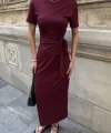 Osy Modal Yumuşak Dokulu Kumaş Bisiklet Yaka Kısa Kollu Kuşaklı Uzun Elbise - Bordo
