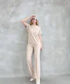 Osy Modal Yumuşak dokulu Kumaş Bisiklet Yaka Kısa Kollu Takım - Bej