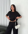 Osy Modal Yumuşak Dokulu Kumaş Bisiklet Yaka T-shirt Bol paça Pantalon ikili Takım -Siyah