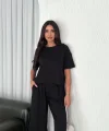 Osy Modal Yumuşak Dokulu Kumaş Bisiklet Yaka T-shirt Bol paça Pantalon ikili Takım -Siyah