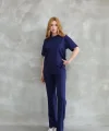 Osy Modal Yumuşak dokulu Kumaş Bisiklet Yaka Taş detaylı Kısa Kollu Takım - Lacivert