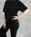 Osy Modal Yumuşak dokulu Kumaş Bisiklet Yaka Taş detaylı Kısa Kollu Takım - Siyah