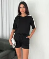 Osy Modal yumuşak dokulu Kumaş Kadın Parçalı Bisiklet Yaka T-shirt Kısa Şort İkili Takım - Siyah