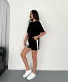 Osy Modal yumuşak dokulu Kumaş Kadın Parçalı Bisiklet Yaka T-shirt Kısa Şort İkili Takım - Siyah