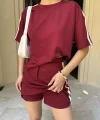 Osy Modal yumuşak dokulu Kumaş Kadın Parçalı Bisiklet Yaka T-shirt Mini Şortlu Etek İkili Takım -Bordo