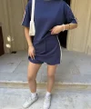 Osy Modal yumuşak dokulu Kumaş Kadın Parçalı Bisiklet Yaka T-shirt Mini Şortlu Etek İkili Takım -Lacivert