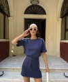 Osy Modal yumuşak dokulu Kumaş Kadın Parçalı Bisiklet Yaka T-shirt Mini Şortlu Etek İkili Takım -Lacivert