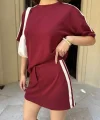 Osy Modal yumuşak dokulu Kumaş Kadın Parçalı Bisiklet Yaka T-shirt Mini Şortlu Etek İkili Takım -Bordo