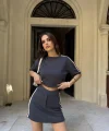 Osy Modal yumuşak dokulu Kumaş Kadın Parçalı Bisiklet Yaka T-shirt Mini Şortlu Etek İkili Takım - Füme