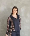 Osy Modal Yumuşak Dokulu Kumaş  Kapüşonlu Leopar Desenli Fermuarlı Takım - Antrasit