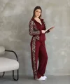 Osy Modal Yumuşak Dokulu Kumaş Kapüşonlu Leopar Desenli Fermuarlı Takım - Bordo