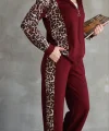 Osy Modal Yumuşak Dokulu Kumaş Kapüşonlu Leopar Desenli Fermuarlı Takım - Bordo