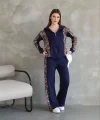 Osy Modal Yumuşak Dokulu Kumaş Kapüşonlu Leopar Desenli Fermuarlı Takım - Lacivert