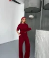 Osy Modal Yumuşak Dokulu Kumaş   Kısa Kollu Bluz Rahat Pantalon ikili Takım- Bordo
