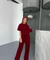 Osy Modal Yumuşak Dokulu Kumaş   Kısa Kollu Bluz Rahat Pantalon ikili Takım- Bordo