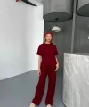 Osy Modal Yumuşak Dokulu Kumaş   Kısa Kollu Bluz Rahat Pantalon ikili Takım- Bordo